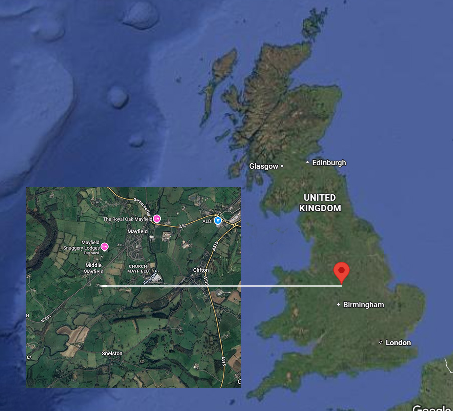 Location of Mayfield STW, Ashbourne, Derbyshire, UK
