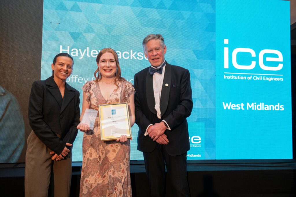 Hayley Jackson, pre-construction manager at Coffey accepting award for Rising Star at ICE West Midlands Awards