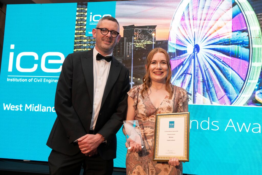 Hayley Jackson, Pre construction manager and John Paul Smyth, UK water director at Coffey accepting Hayley's Rising Star award.