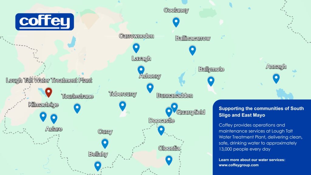 A map of the towns and villages, Lough Talt Water Treatment plant, operated by Coffey, serves
